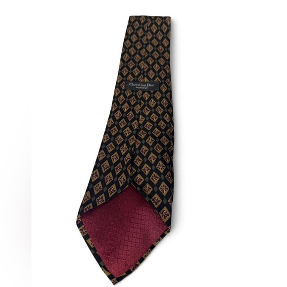 Vintage Christian Dior Black and Gold Patterned Men's Tie - Picture 2 of 3